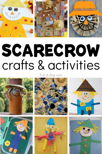 Multiple scarecrow ideas for preschool with text that reads scarecrow crafts and activities.