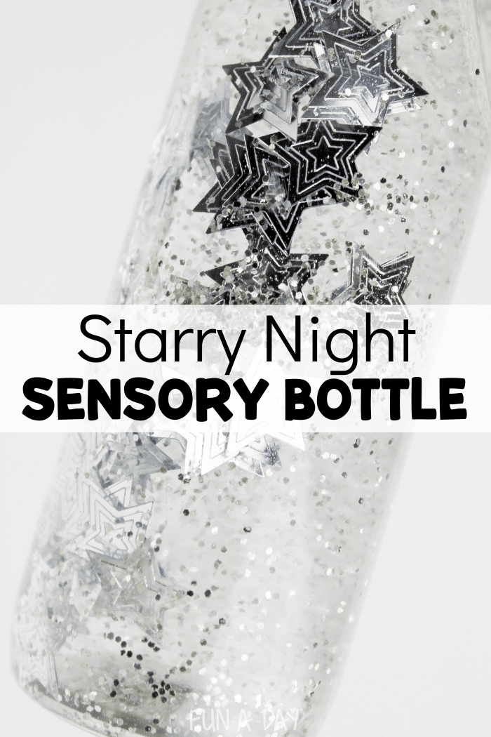 Silver stars and glitter sensory bottle with text that reads 'starry night sensory bottle.'