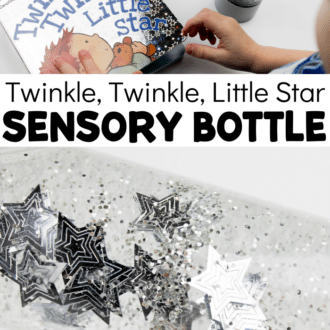 Collage of images of the star sensory bottle and a child looking at Twinkle, Twinkle, Little Star book with text that reads Twinkle, Twinkle, Little Star sensory bottle.'