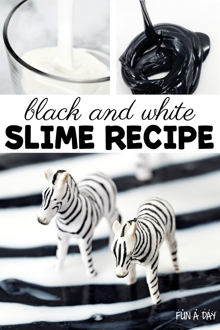 Collage of images making black and white zebra slime and the text, 'black and white slime recipe'