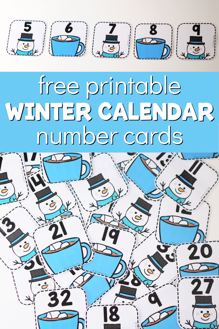 Hot chocolate and snowman number cards with text that reads free printable winter calendar number cards.