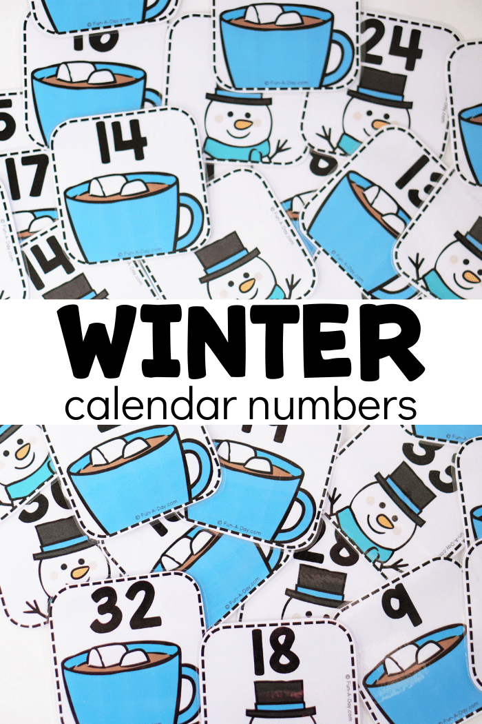 Winter number cards with text that reads winter calendar numbers.