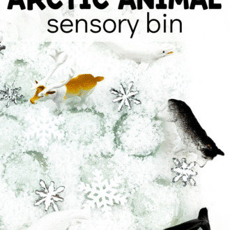Instant snow, snowflake confetti, and arctic animals in a sensory bin. Text that reads arctic animal sensory bin.