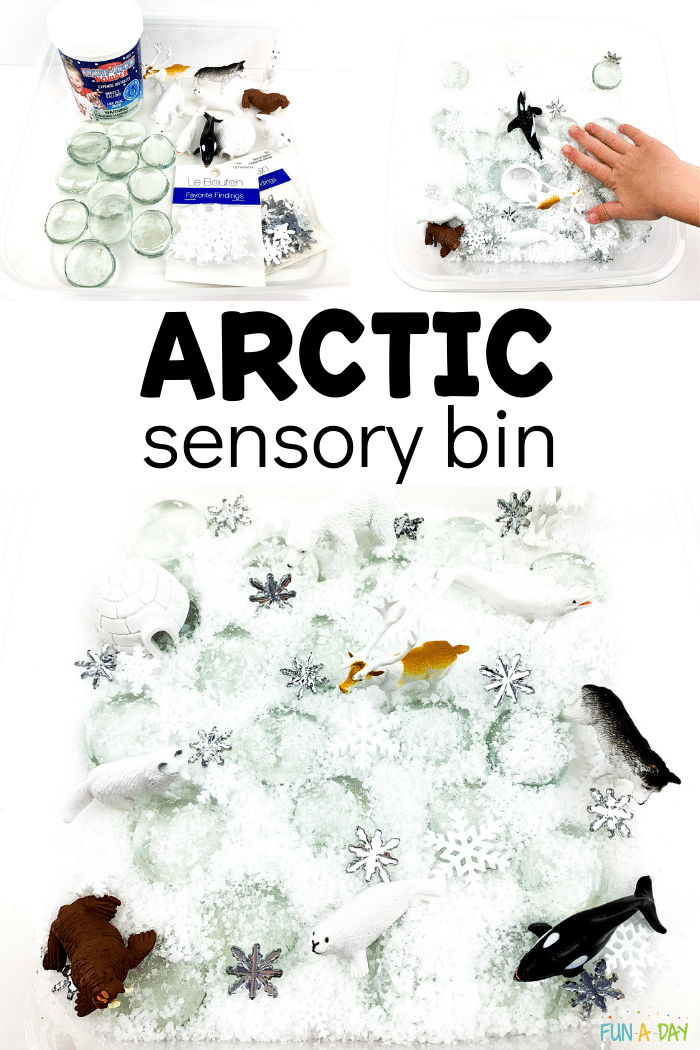 Collage of  a snowy winter animal bin with text that reads arctic sensory bin.
