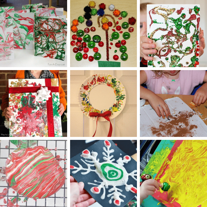 Collage of 9 Christmas process art cards and gifts