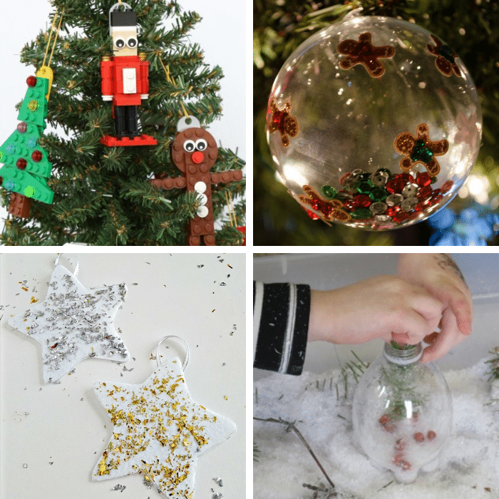 collage of lego, gingerbread, star, and snow ornament crafts for kids