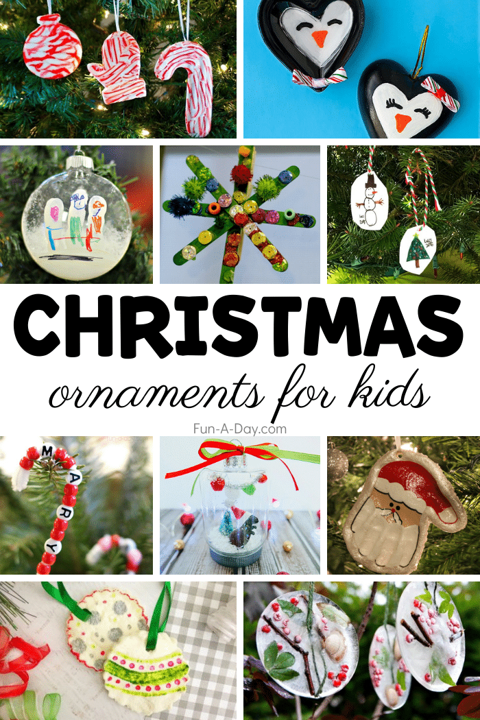 Collage of kids' Christmas crafts with text that reads Christmas ornaments for kids