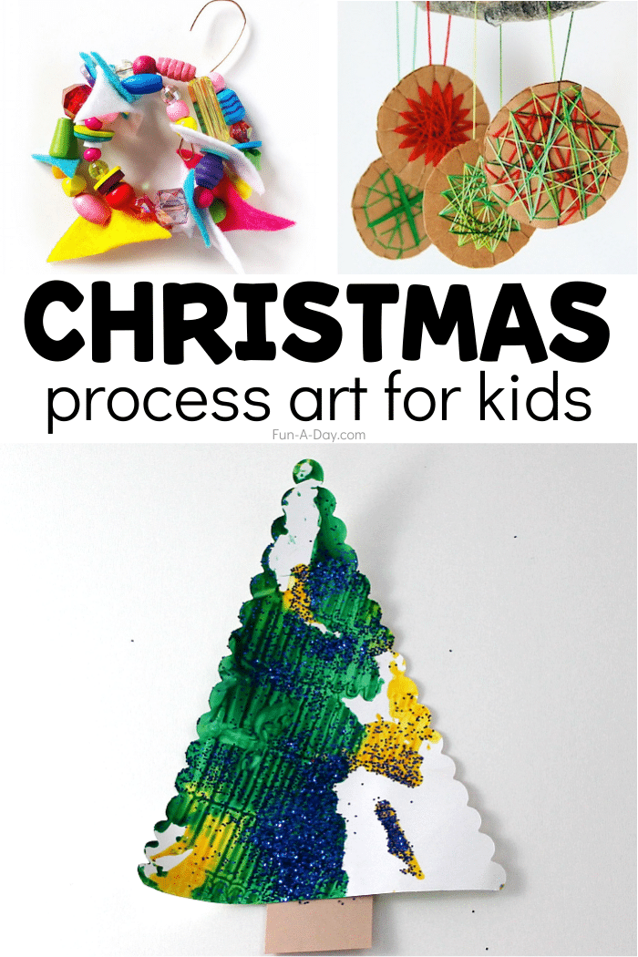 Collage of Christmas art ideas with text that reads Christmas process art for kids