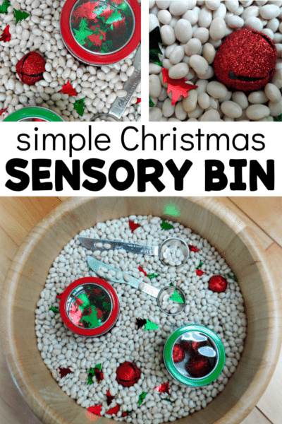 Collage of images related to the white navy bean, Christmas tree confetti, and jungle bell sensory bin.