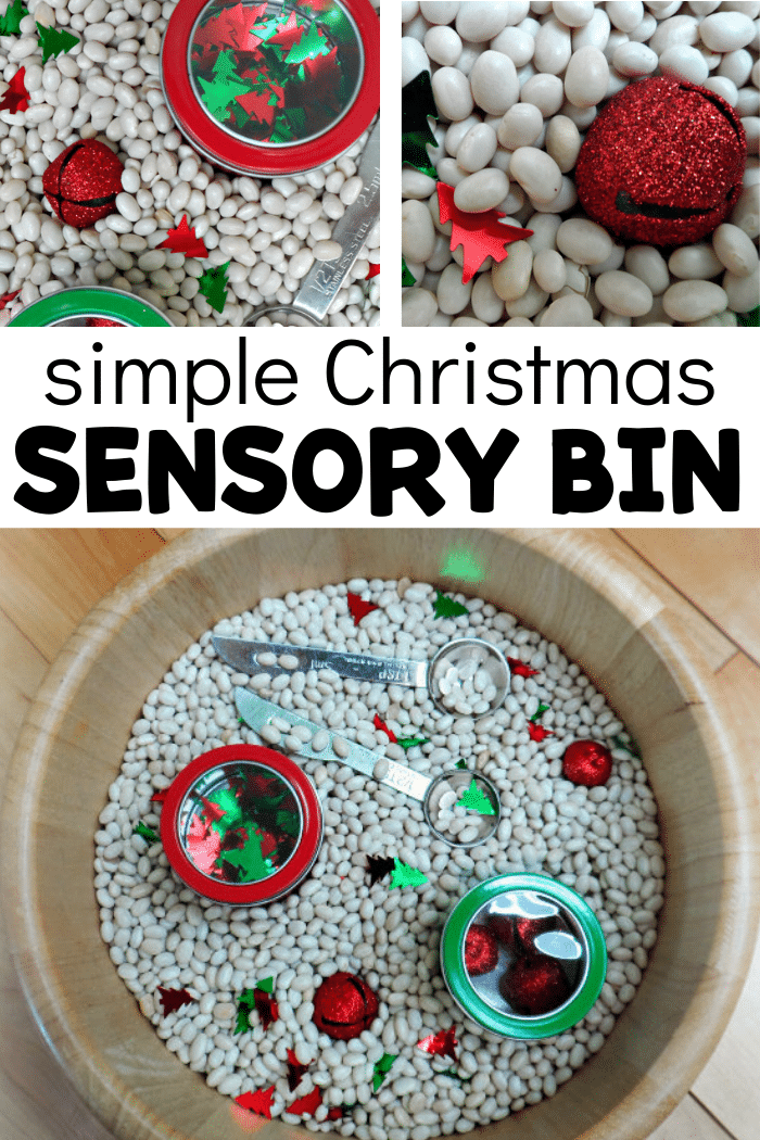 Collage of images related to the Christmas sensory bin with text that reads simple Christmas sensory bin.