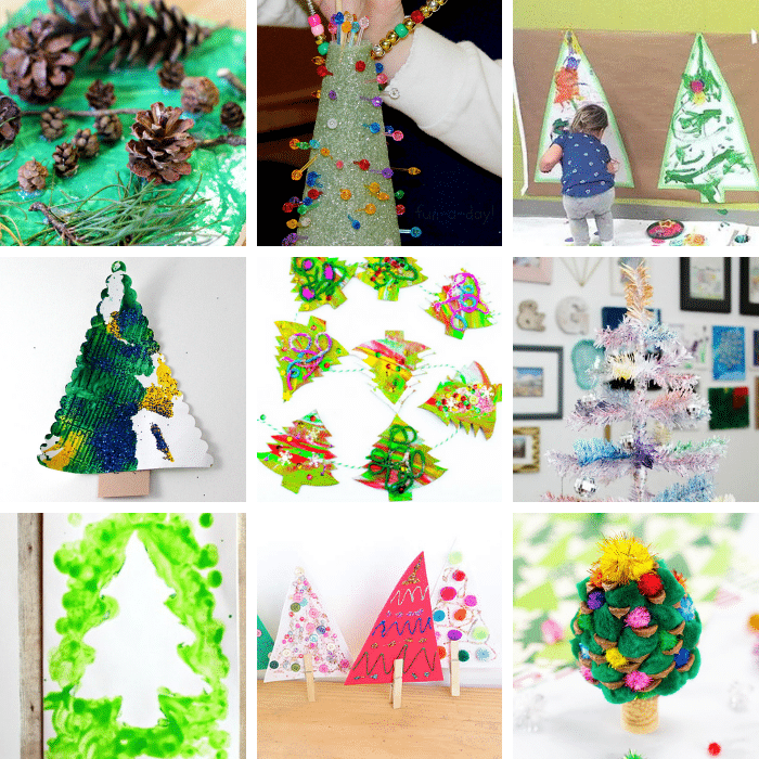 Collage of 9 Christmas tree art ideas for preschoolers