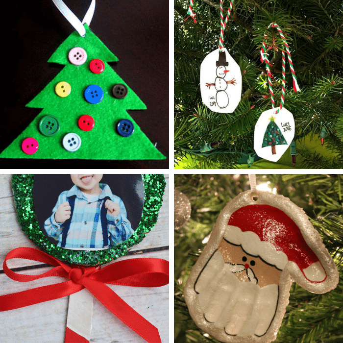 collage of button tree, shrinky dink, lollipop, and santa hand print christmas ornaments