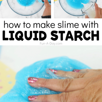 collage of blue starch slime process with text that reads how to make slime with liquid starch