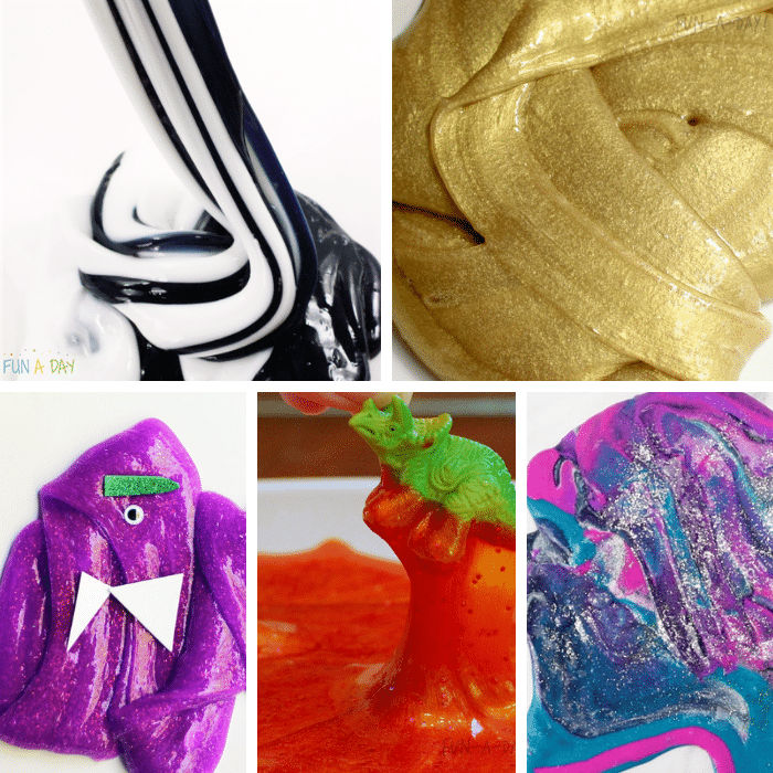 collage of 5 liquid starch slime ideas