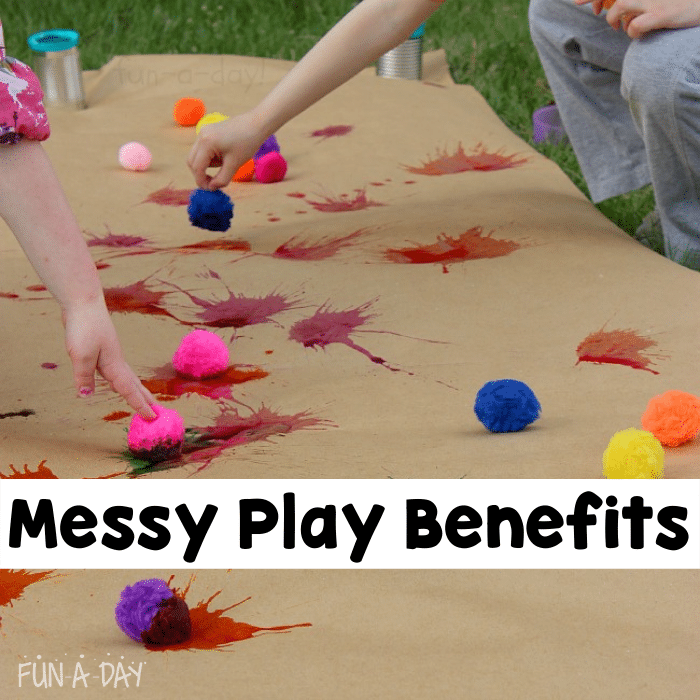 children dropping painted pompoms onto butcher paper, with text that reads messy play benefits