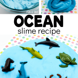 Collage of images which include the process of making ocean slime, the final product, and ocean slime with ocean creature toys on top. Text that reads ocean slime recipe.