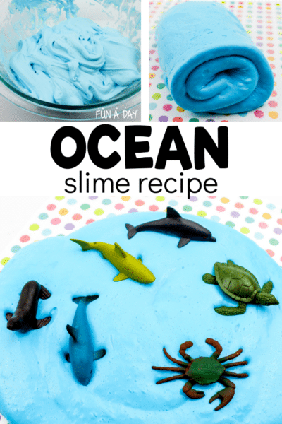 Collage of images which include the process of making ocean slime, the final product, and ocean slime with ocean creature toys on top. Text that reads ocean slime recipe.