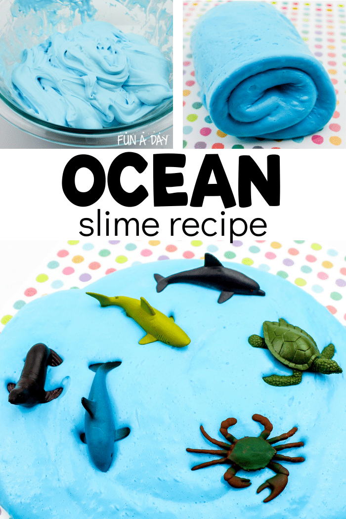 Collage which includes the process of making sea slime, the final product, and blue slime with ocean creature toys on top. Text that reads ocean slime recipe.