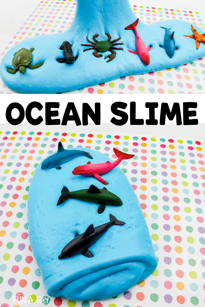Collage of blue slime with ocean creature toys on top. Text that reads ocean slime.