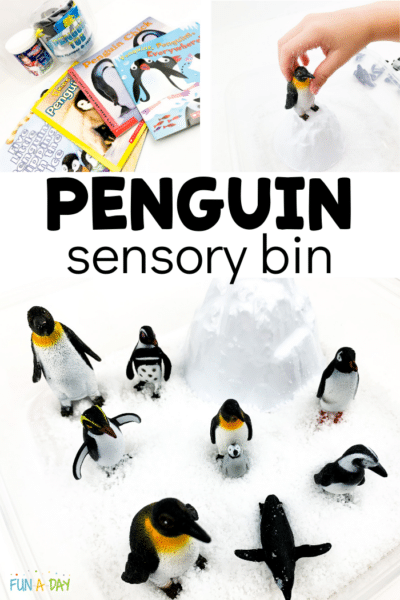 Collage of images of penguin sensory bin and penguin-themed books.
