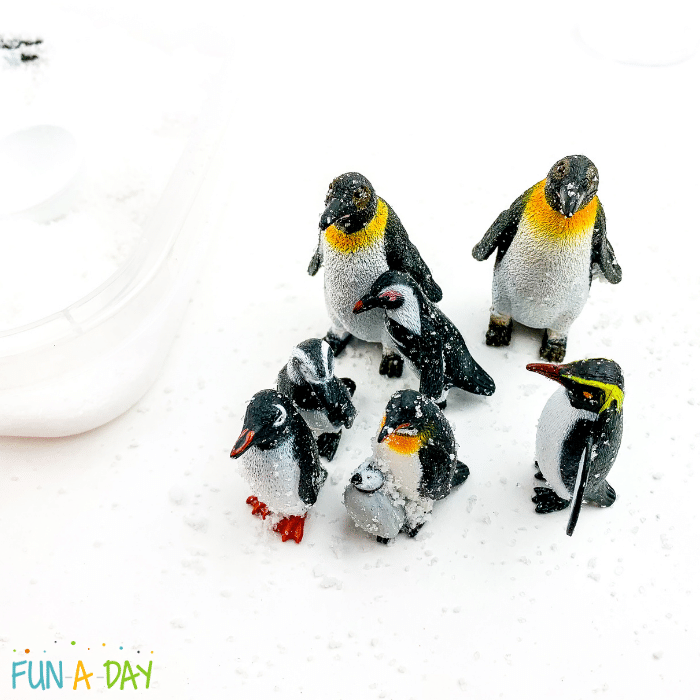 Toy penguins standing in group.