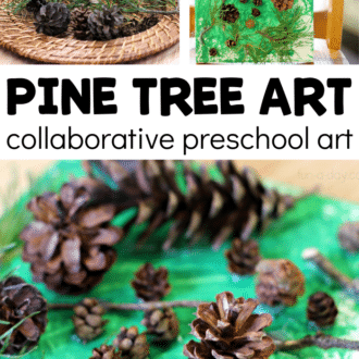 Collage of preschool canvas art with text that reads pine tree art collaborative preschool art