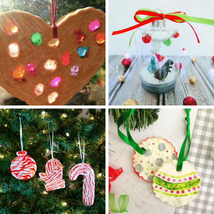 collage of heart, dinosaur, candy cane, and plastic ornament crafts