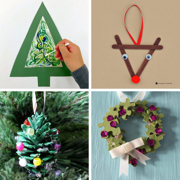 collage of tin foil reindeer, pine cone, and puzzle wreath ornaments for preschoolers
