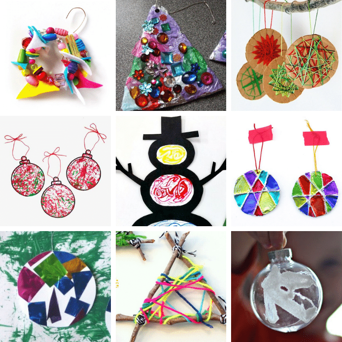 Collage of 9 preschool process art ornaments