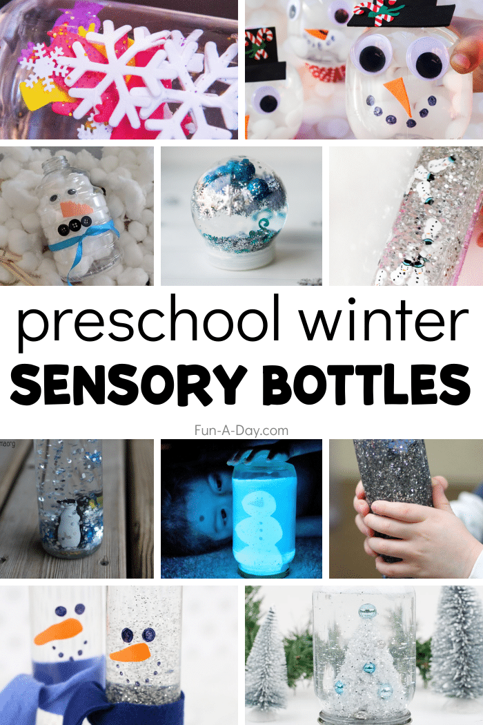 Collage of winter-themed sensory bottles with text that reads preschool winter sensory bottles.