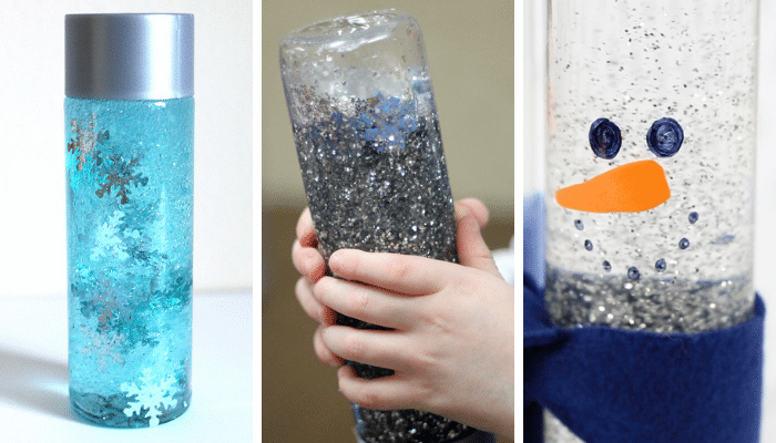 Collage of three sensory bottles, one blue with snowflakes, one with silver glitter and snowflakes, and one with glitter and a snowman bottle.