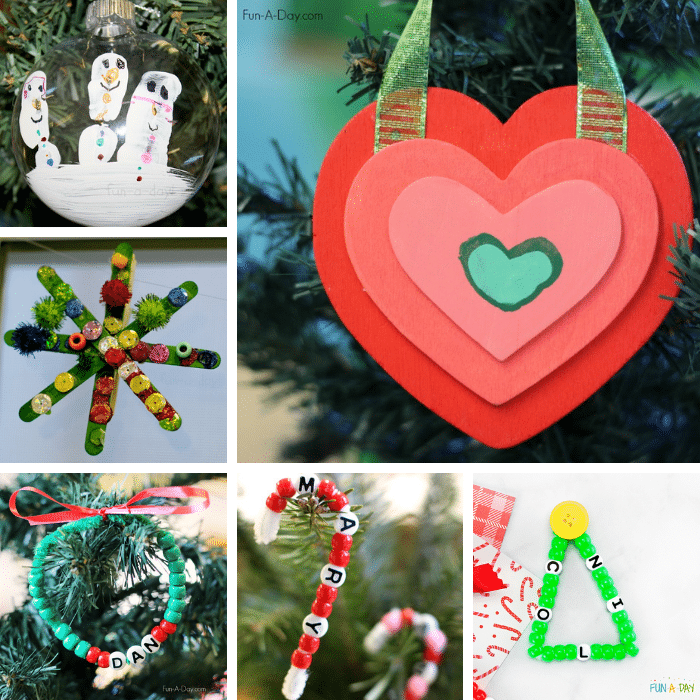 collage of fingerprint snowmen, heart, snowflake, wreath, candy cane, and tree ornaments