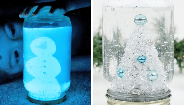 Collage with glow in the dark snowman sensory bottle and Christmas tree snow globe.