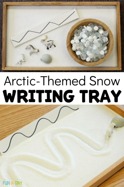 2 views of salt tray with text that reads arctic-themed snow writing tray