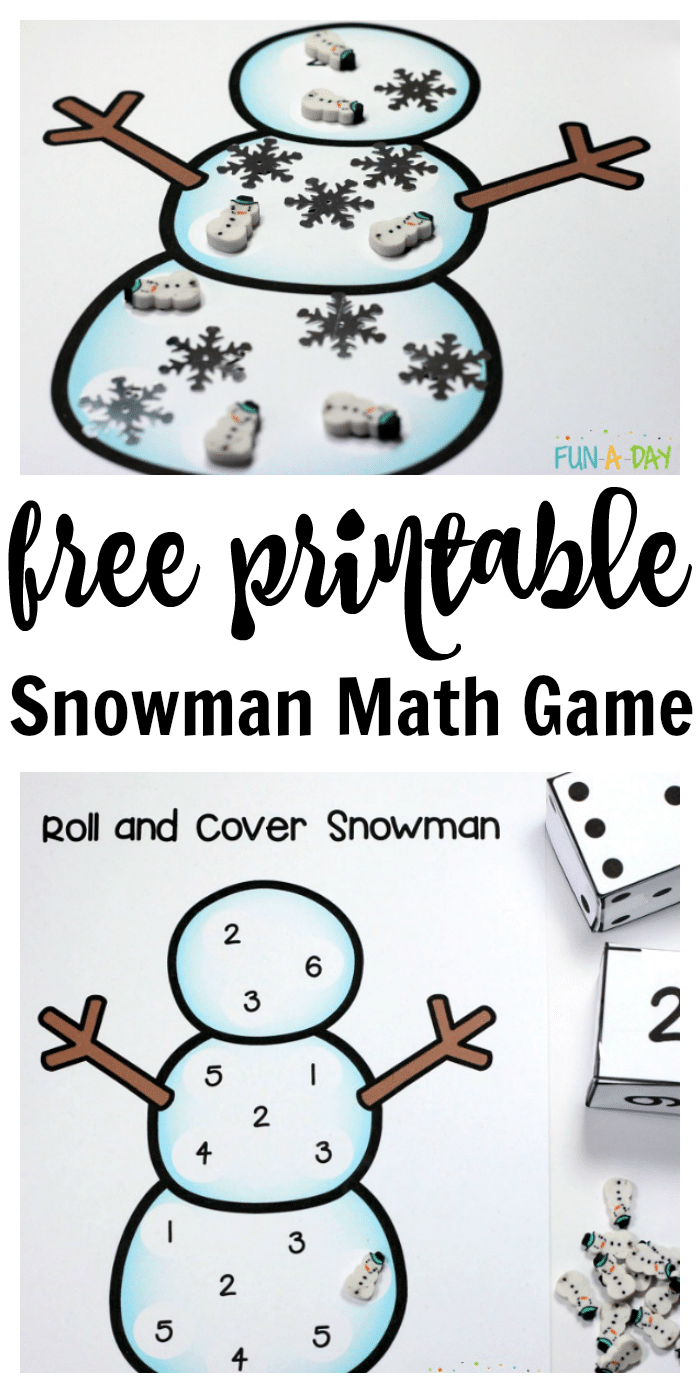 collage of number game with text that reads free printable snowman math game