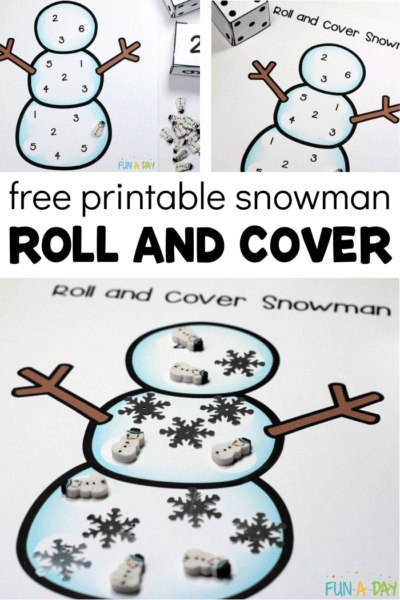 collage of snowman math game with text that reads free printable snowman roll and cover