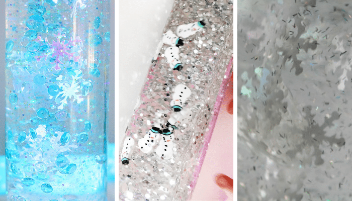 Collage of glittery winter sensory bottles.