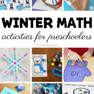 Several ideas for winter math activities and text that reads winter math activities for preschoolers.