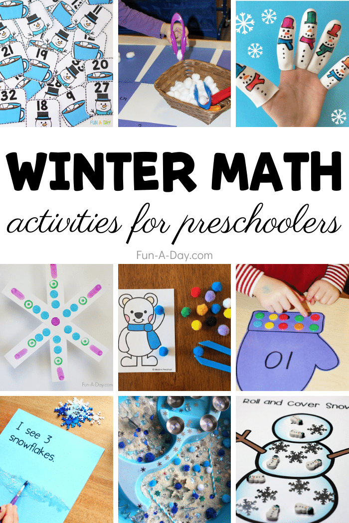 Several ideas for winter math and text that reads winter math activities for preschoolers.
