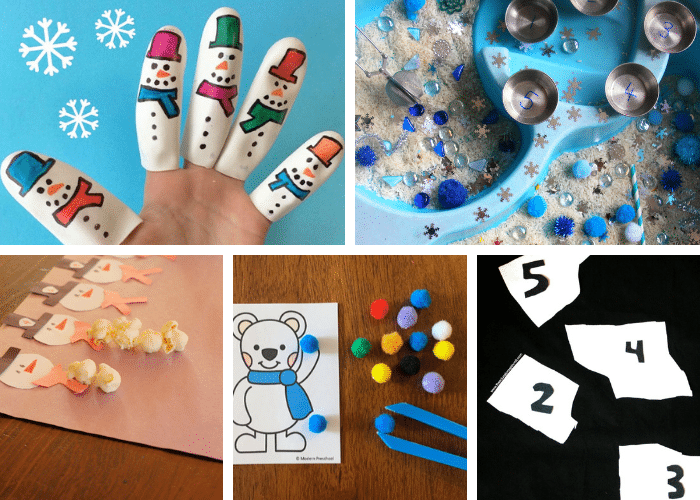 collage of 5 winter math activities for preschool classrooms