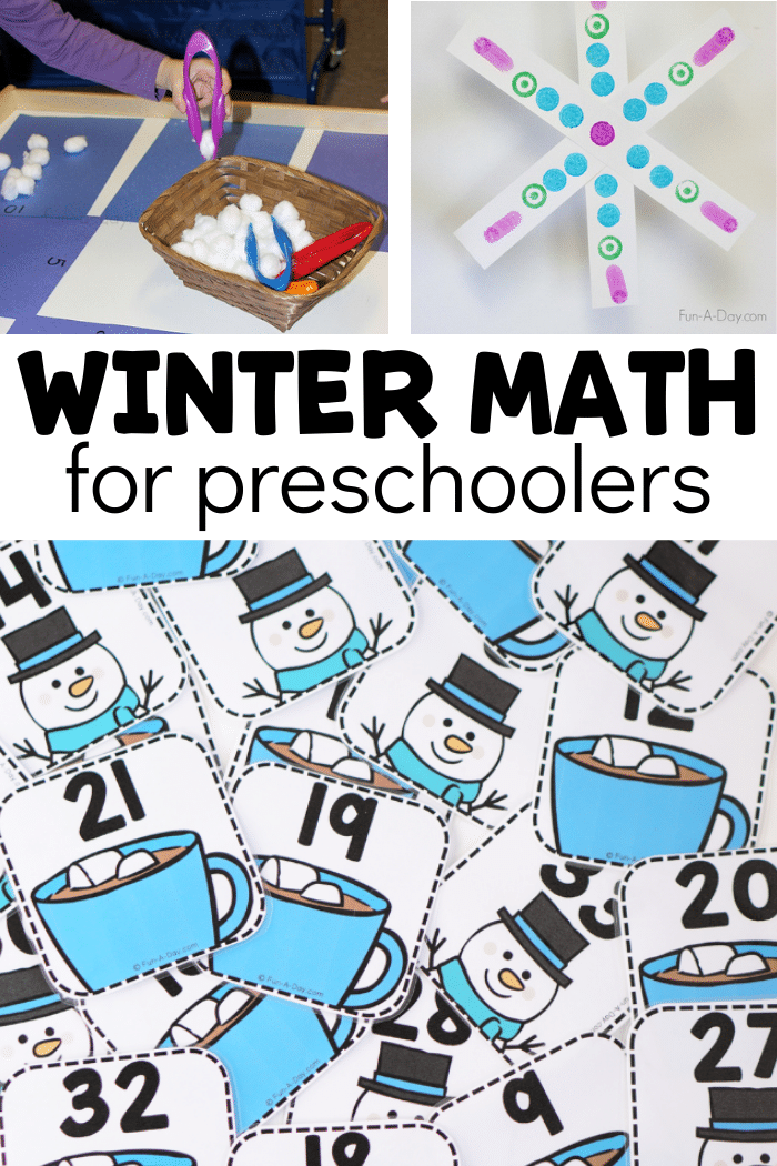 A few ideas for winter math and text that reads winter math for preschoolers.