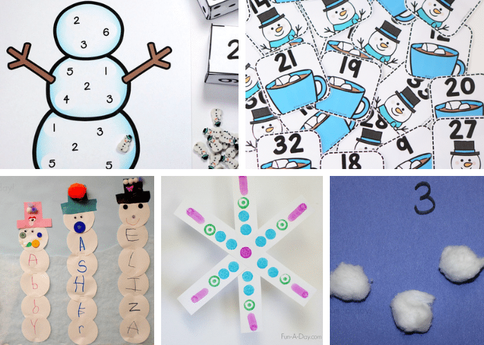 collage of 5 winter math ideas for preschool