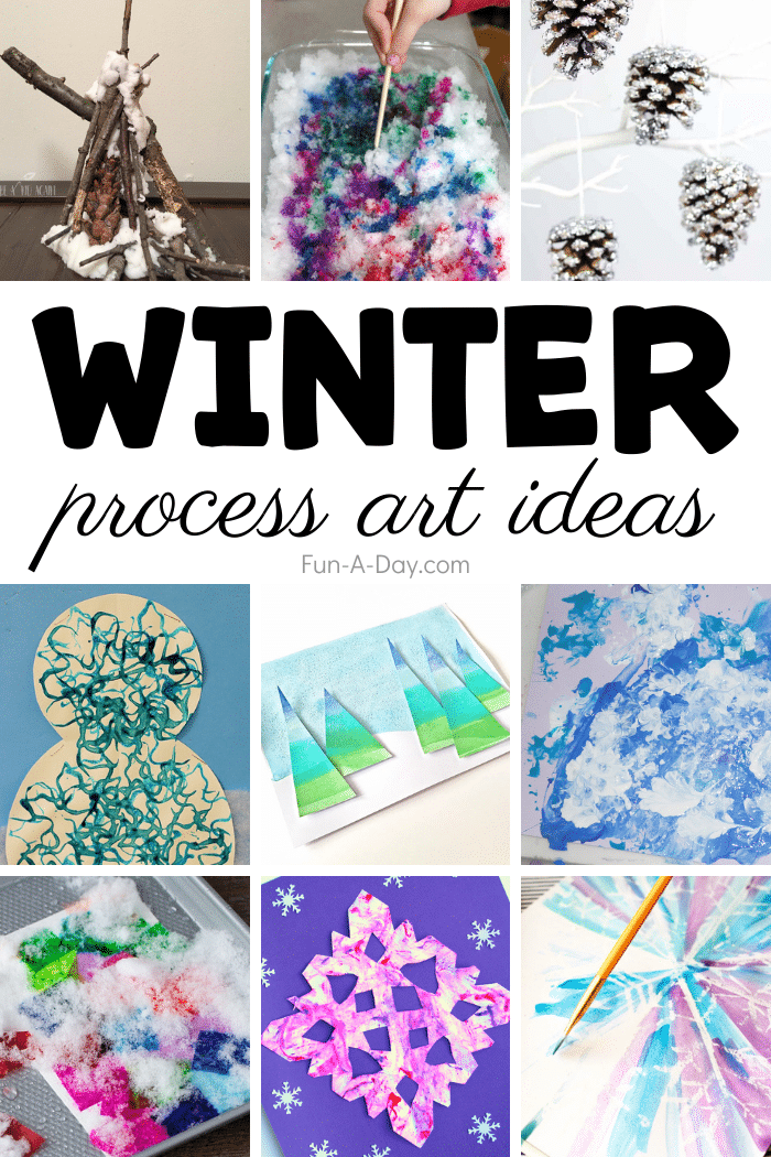 collage of 9 art activities with text that reads winter process art ideas