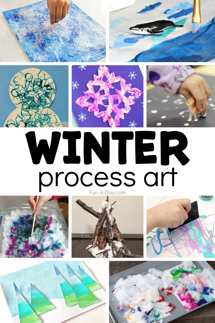 collage of 10 art activities with text that reads winter process art