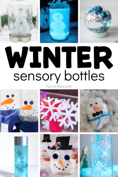 collage of winter sensory bottles with text that reads winter sensory bottles.