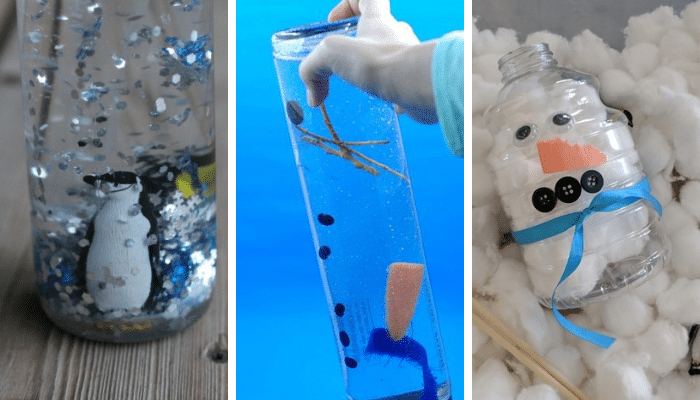 Collage of winter sensory bottles, including the penguin, melted snowman, and cotton ball snowman sensory bottles.