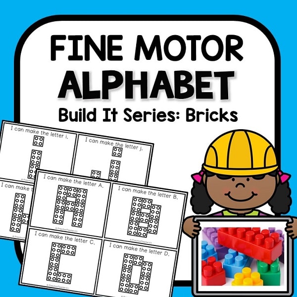 Preschool resource cover with text that reads fine motor alphabet build it series bricks
