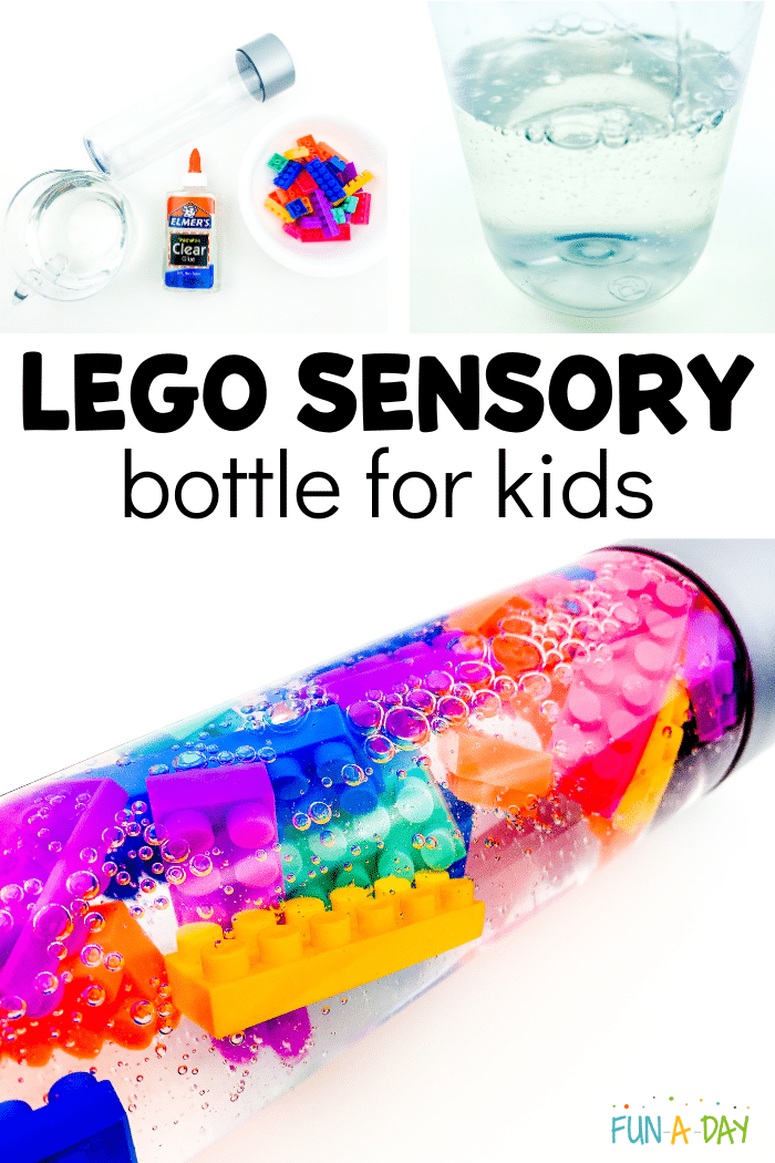 Collage of steps for making a sensory bottle with text that reads lego sensory bottle for kids