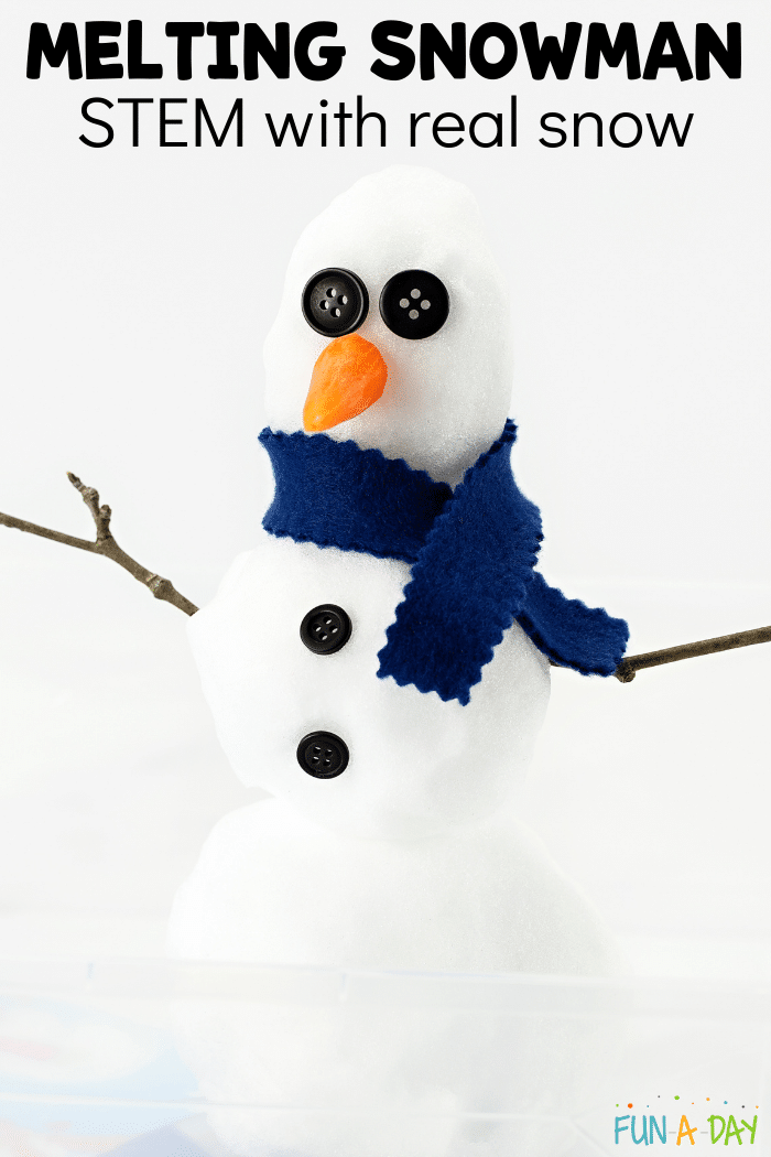 snowman with button eyes, buttons, scarf, and twig arms. Text that reads melting snowman STEM with real snow.
