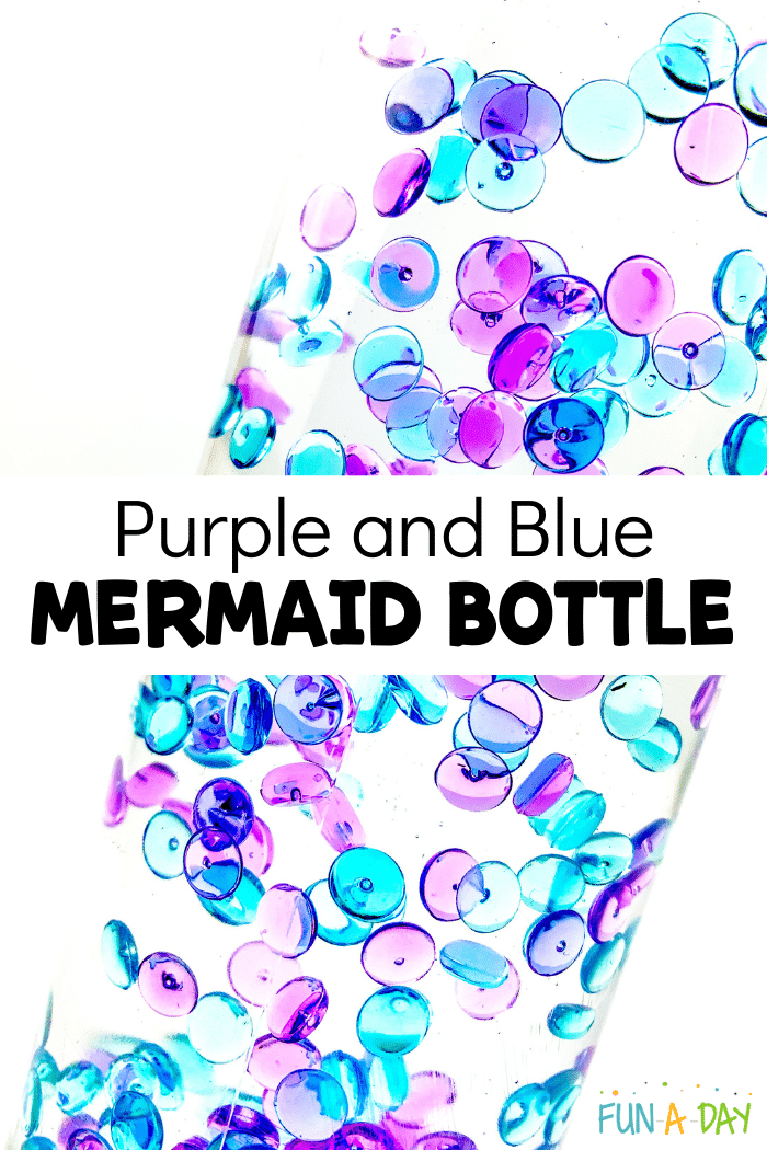 Fish bowl beads floating in clear liquid with text that reads purple and blue mermaid bottle.